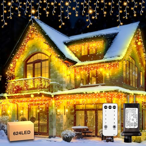 624 LED Icicle Lights Outdoor Plug in 59ft Waterproof Christmas String Lights 8 Modes 4 Adjust Brightness Remote & Timer Indoor & Outside Decoration for Party Wedding Garden Window Wall