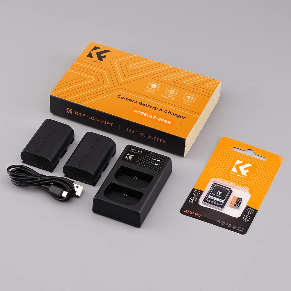 K&F CONCEPT LP-E6NH 2250mAh Batteria di Ricambio con Kit Caricabatterie USB Dual-Slot, Compatibile con Canon EOS 90D, 80D, 70D, 5D Mark II III IV, 5DS SR, 6D, 6D Mark II (2 pezzi)