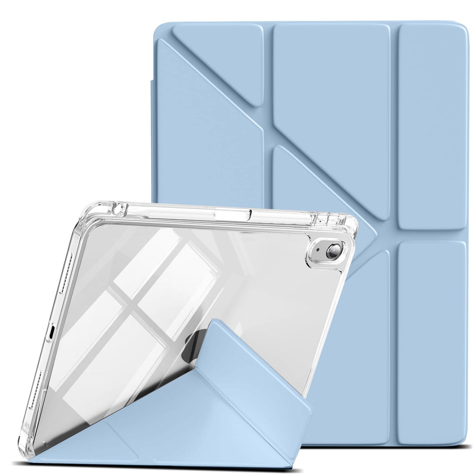 LuFiYa iPad (A16) 保護ケース 第11/10世代 (2025/2022モデル) 用 透明バックカバー TPU + PC裏全透明 PU合成レザー ipadケース 多機能三角形スタンド 横置＆縦置 角度調整可能 磁気吸着 Pencil収納対応 極薄 軽量 オートスリープ/ウェイク対応 タブレットカバー iPad 11/10.9 インチ対応 (ブルー)
