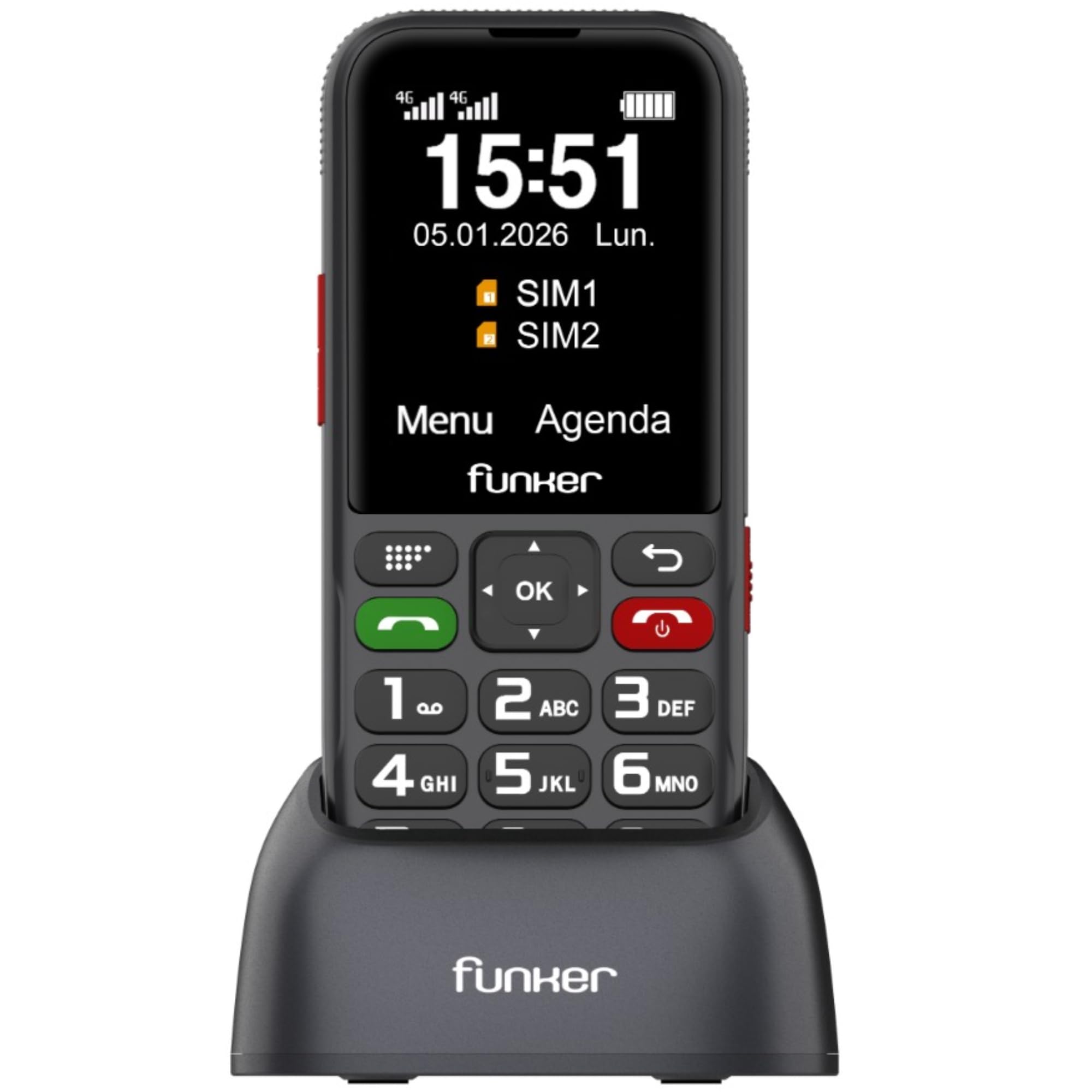 Funker C180 - Telefono cellulare 4G per anziani e uso domestico, tasti grandi, schermo 2,4", base di ricarica, batteria 1800 mAh, tasti Easy, audio alto Voice HD, nero