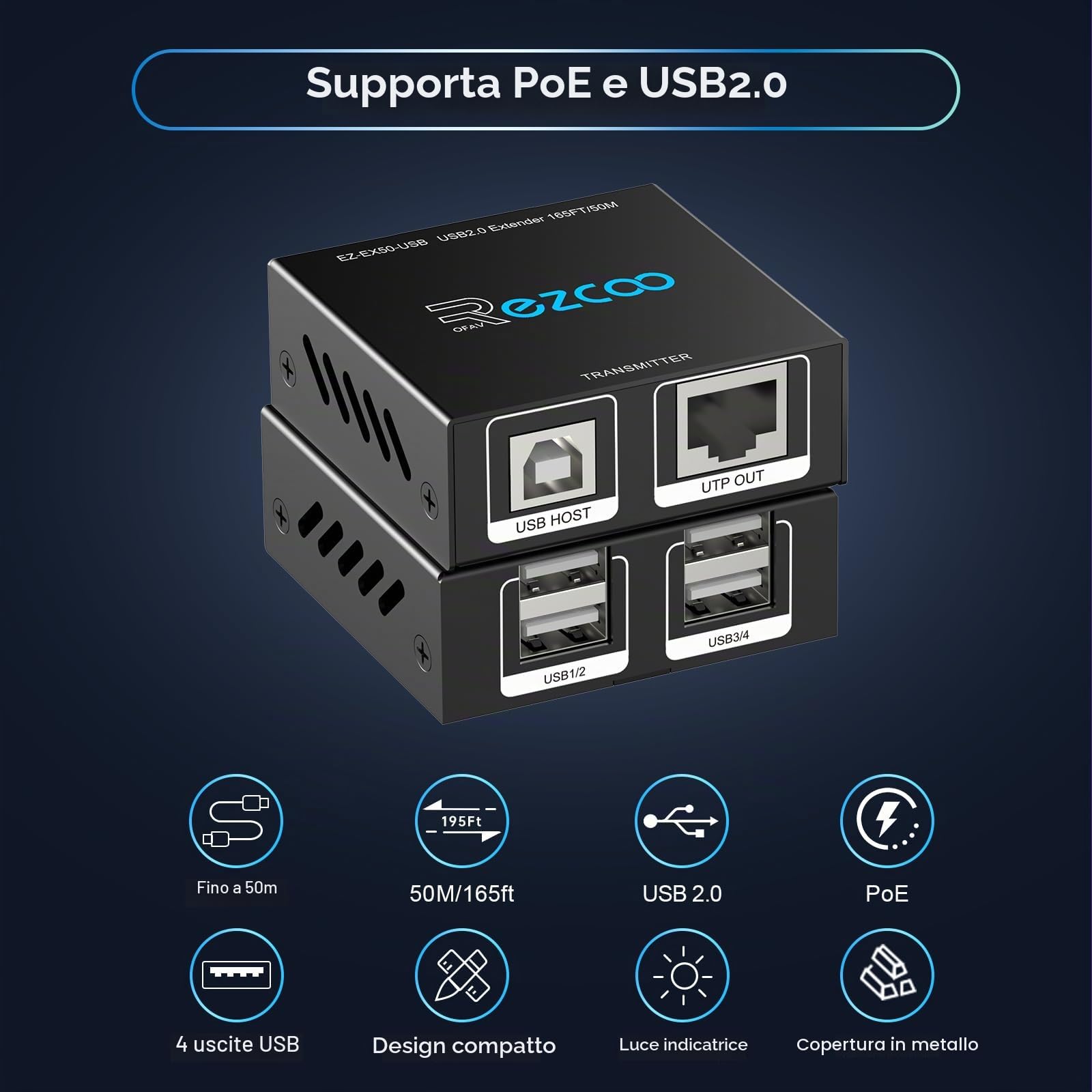 Estensore USB 2.0 a 4 porte USB su Cat5e Cat6 RJ45 estensione LAN 5V Basso consumo energetico USB Ethernet Work Sync Windows MacOS Android Linux Nessun driver EX50USB