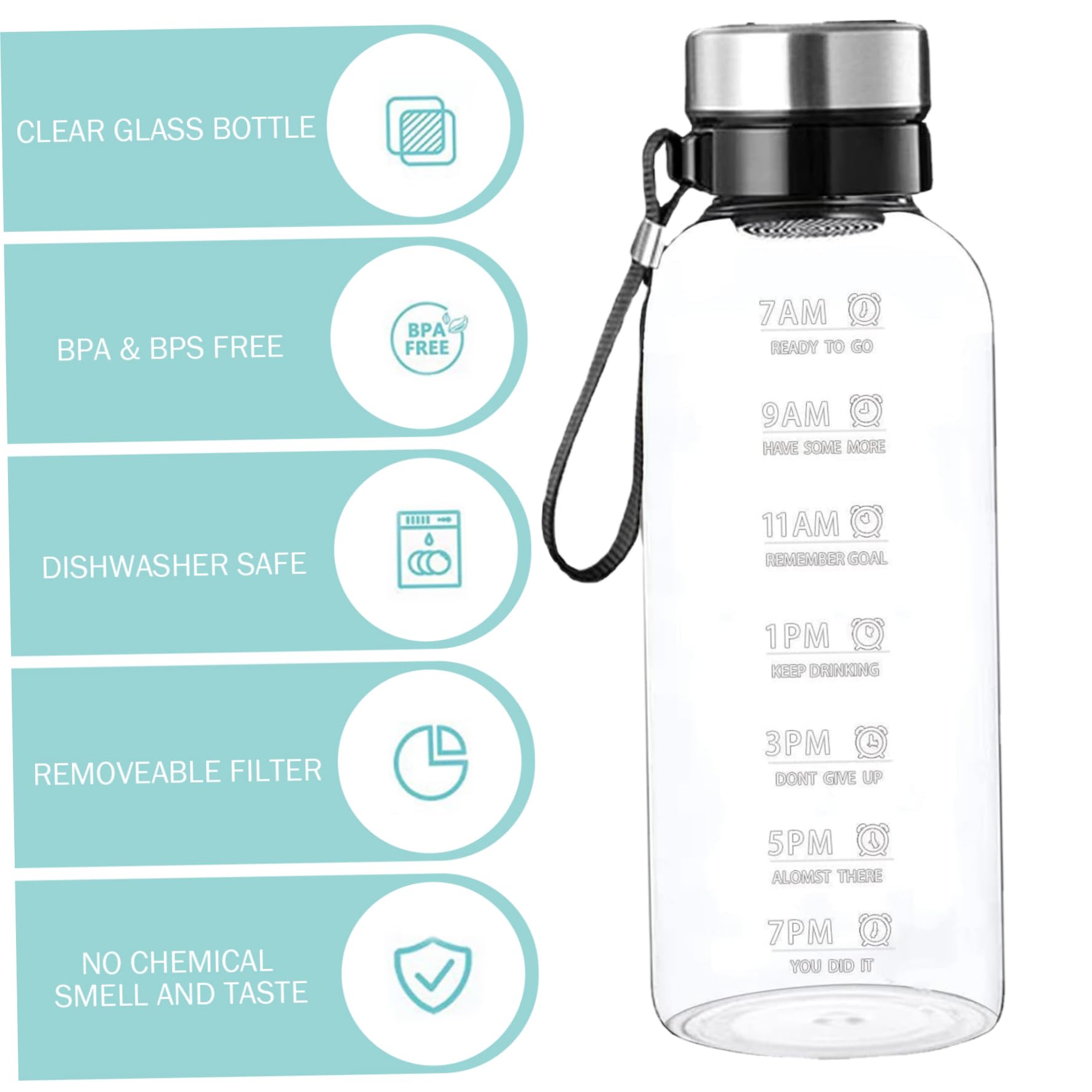 Botella de agua con marcador de tiempo Botellas de agua de vidrio transparente a prueba de fugas de 2 litros con cordón, funda y filtro extraíble, apta para lavavajillas para el hogar, la oficin