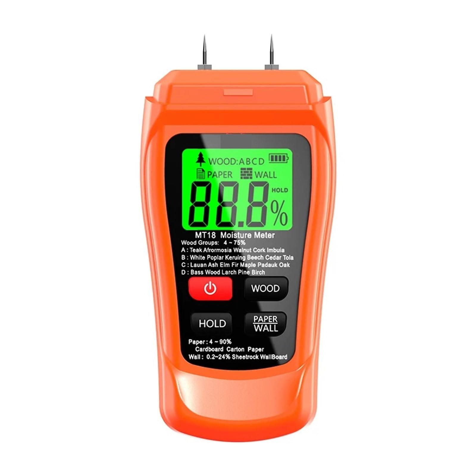 Tester di umidità, Misuratore di umidità del legno digitale a due pin 0-99,9% Misuratore di umidità della carta Igrometro da parete Rilevatore di umidità del legno(Orange)