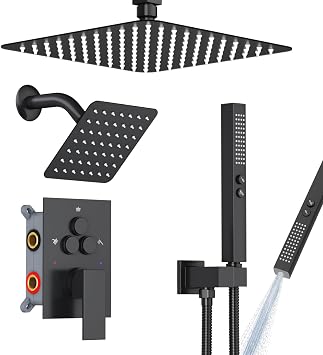 Shower Faucet Set Shower System - EMBATHER Push Button Diverter Dual Shower Faucet Valve Kit with Rainfall Ceiling Mount 10 Inch Shower Head 6 Inch Wall Mount, for Couple Standard-10, Matte Black