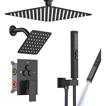 EMBATHER Shower Faucet Set Shower System - Matte Black Push Button Diverter Dual Shower Faucet Valve Set with Rain Ceiling Bracket, 10" Shower Head, 6" Wall Mount, 2 in 1 Handheld for Couples