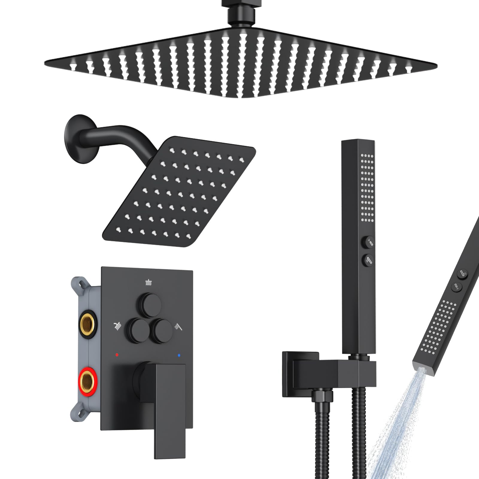 Photo 1 of Shower Faucet Set Shower System - EMBATHER Push Button Diverter Dual Shower Faucet Valve Kit with Rainfall Ceiling Mount 10 Inch Shower Head 6 Inch Wall Mount, for Couple (Standard-10'', Matte Black)