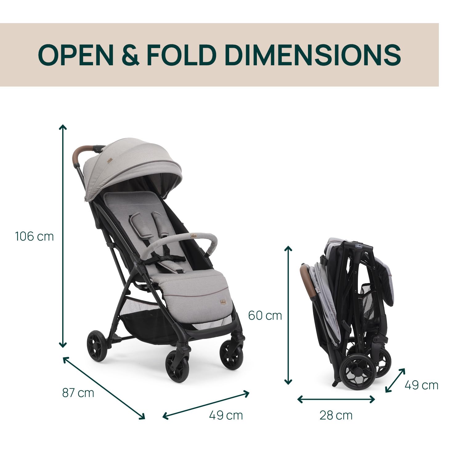 Chicco Glee Kinderwagen Leicht, Automatisches Zusammenklappen, Breiter Sitz, Verstellbare Rückenlehne, Bis 22 kg, Beige