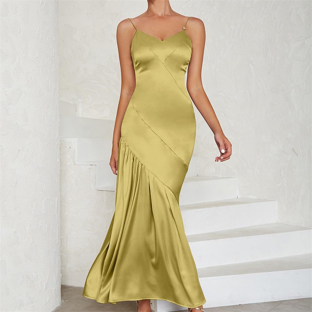 JSEIAJB Sexy Silky Halter Splicing Backless Pleated Slimming Dress for Women