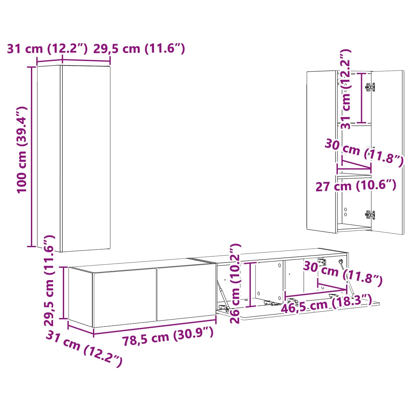 Set di mobili per TV da parete, 3 pezzi, in legno di rovere Sonoma, con 5 ante e ripiani, moderna credenza per soggiorno, per gaming, home theatre