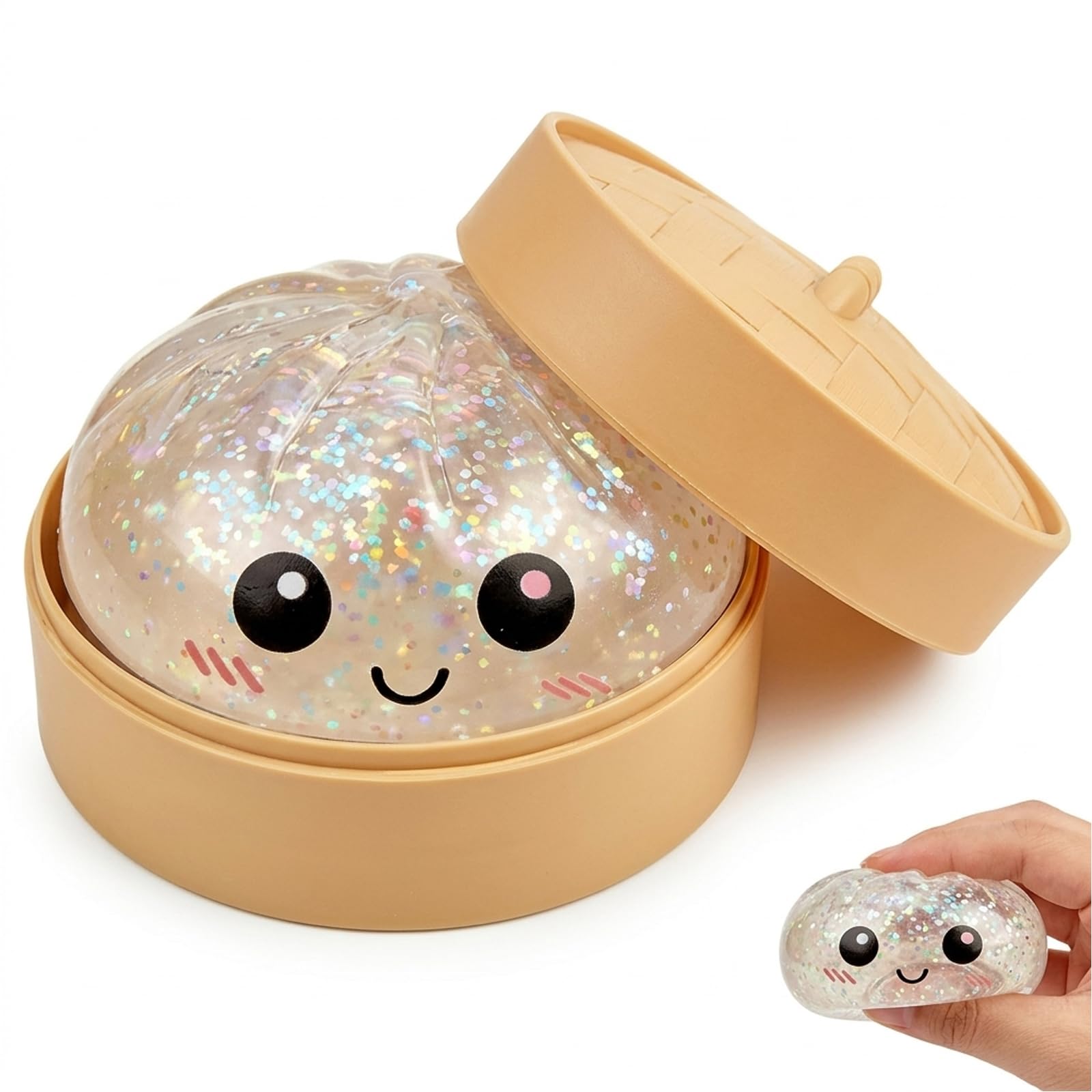 Dumpling Squishy Stress Ball, Soft Glitter Dumpling Toy with Steamer, Squeeze Fidget Toy for Anxiety Relief, Fun Decompression Bao Bun for Adults Daily Stress Release