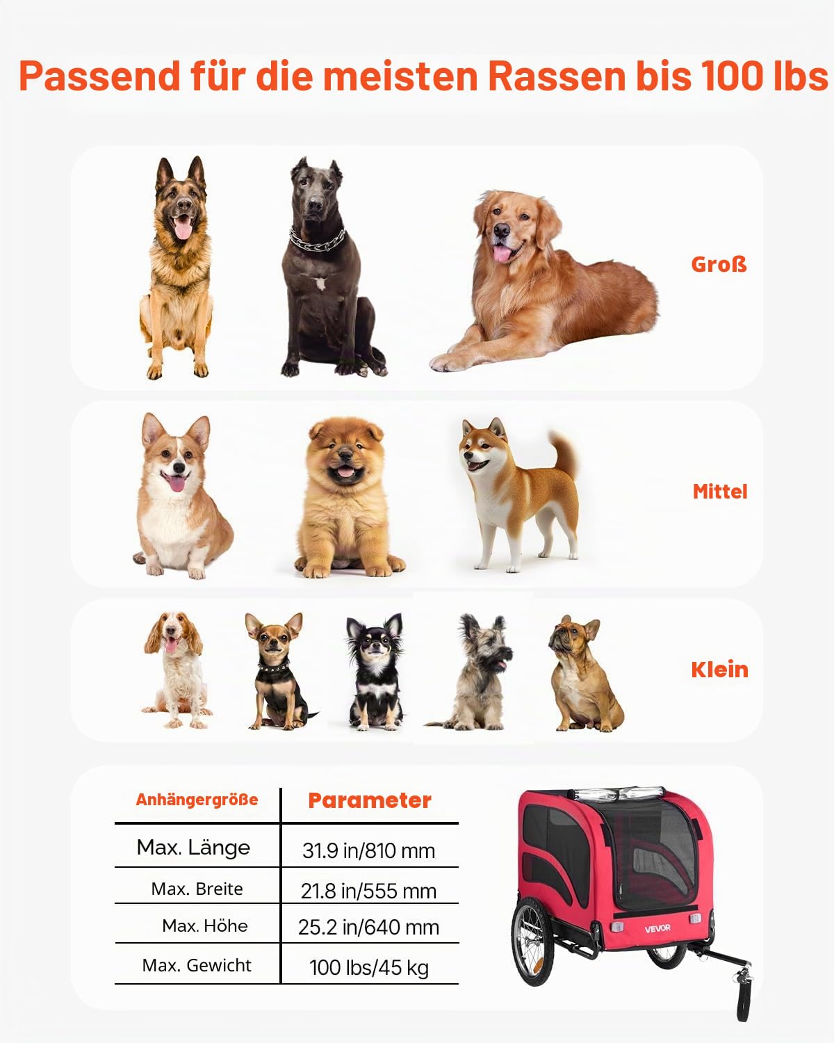 VEVOR Haustierwagen-Fahrradträger für kleine & große Hunde, klappbarer Rahmen mit Rädern