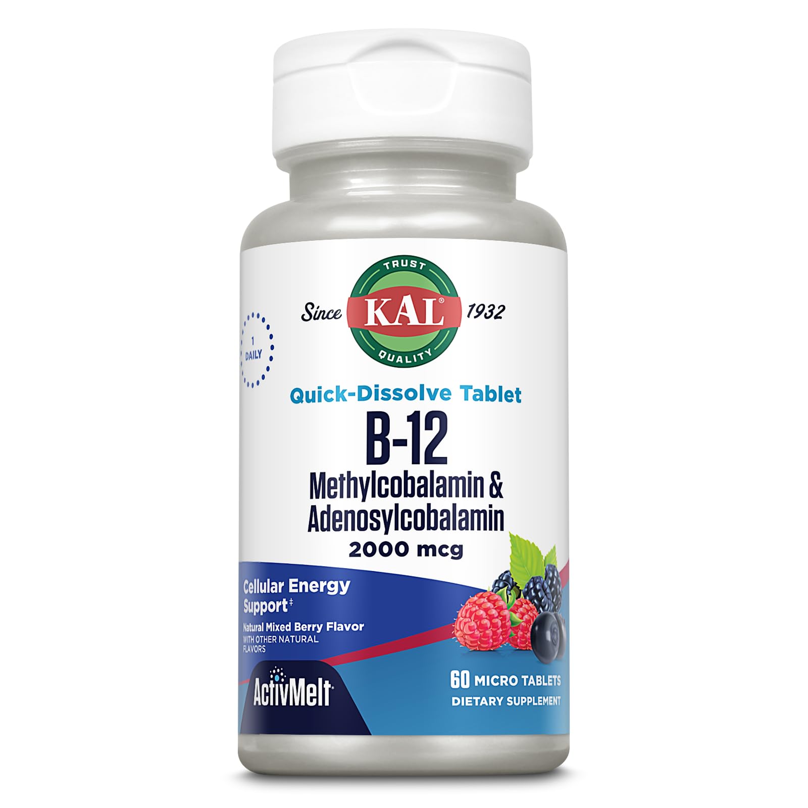 KAL B-12 Methylcobalamin & Adenosylcobalamin, ActivMelt, Mixed Berry 60 Micro Tablets (2000 Mcg)