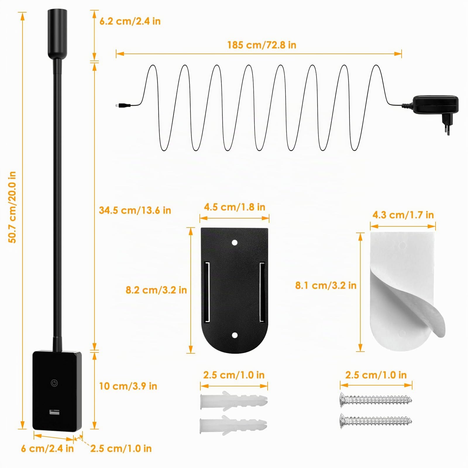 ENUOTEK Applique Lettura Letto, Led da Parete con Telecomando, Luce da Lettura Regolabile Tramite Tocco, Luce Spotlight da Lettura per il Letto con Porta di Ricarica USB da 2A, 3000K 4000K 5000K