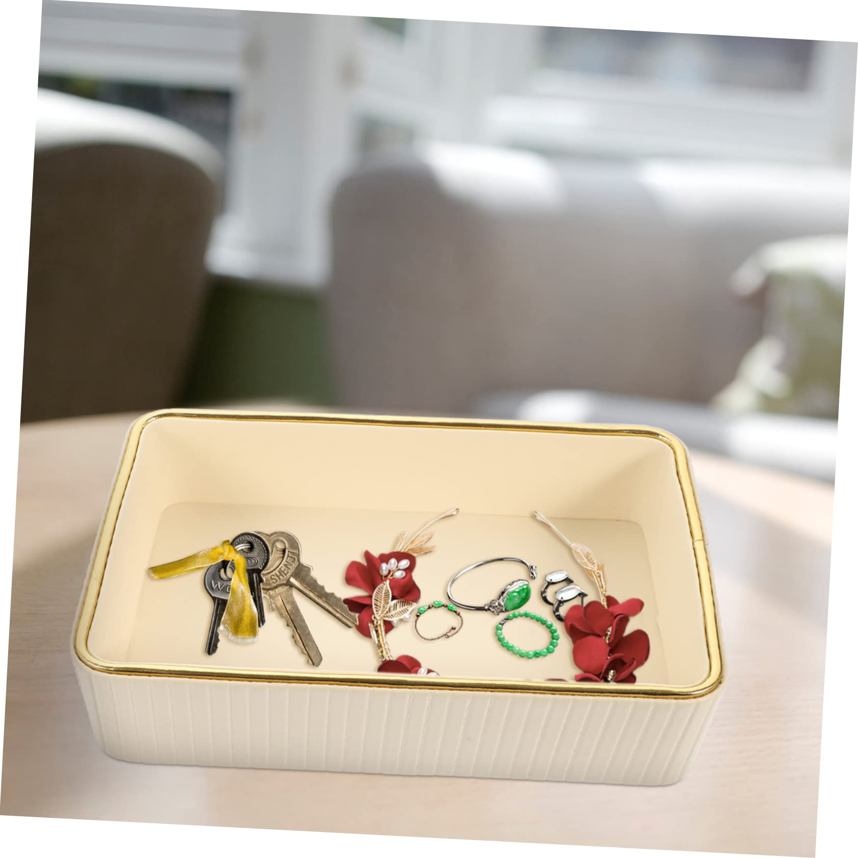 Bandeja Rectangular para Llaves y Joyas, Organizador de Cuero y Tablero de Densidad, Blanco, Adecuado para Tocador y Entrada, Fácil de Limpiar