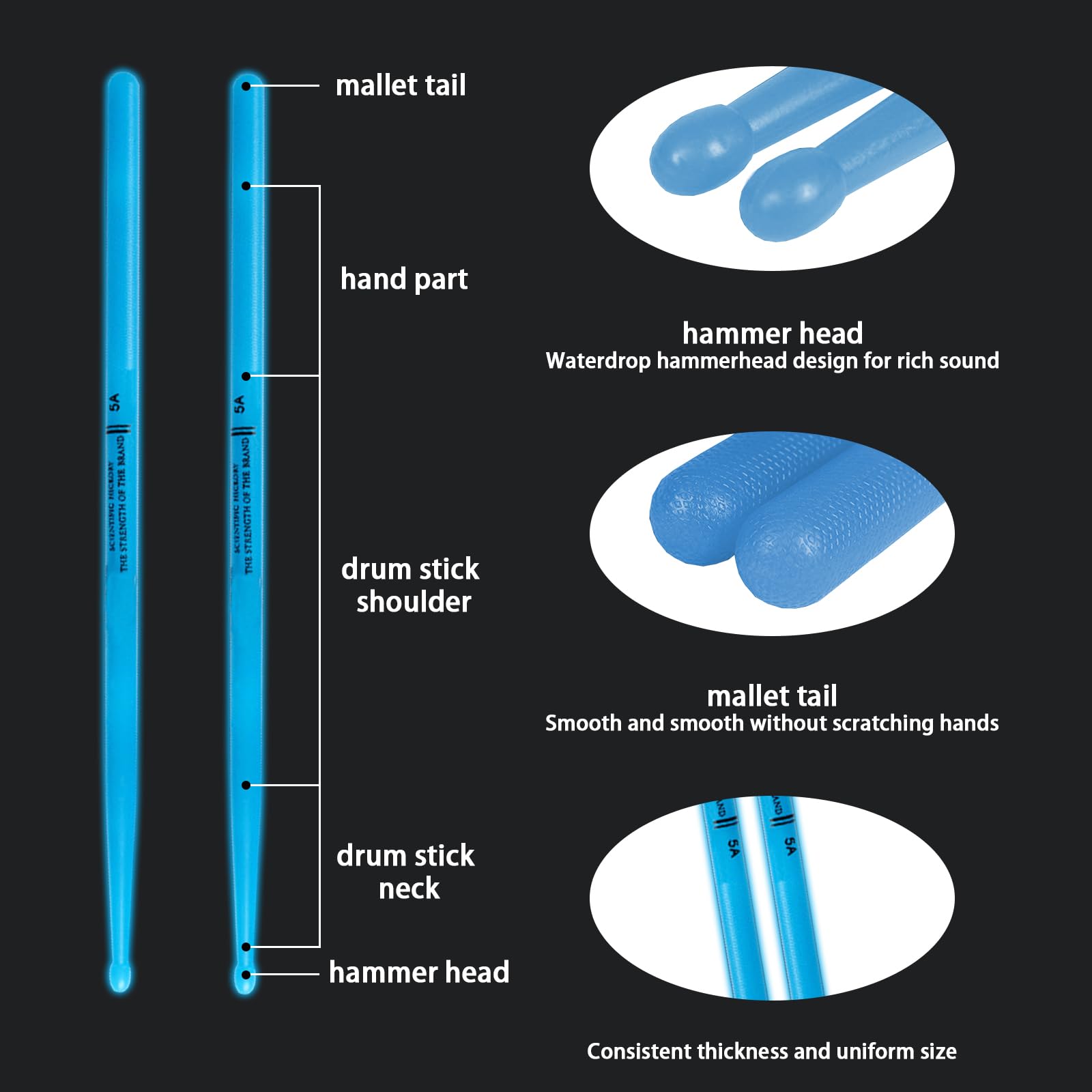 AQTAQ 5A Drumsticks Nylon for Drum Set including ANTI-SLIP Handles Night Light Plastic Cool Glow Drum Sticks with Non-Slip Strong Musical Instrument Percussion Accessories Fluorescence-Blue - Image 3