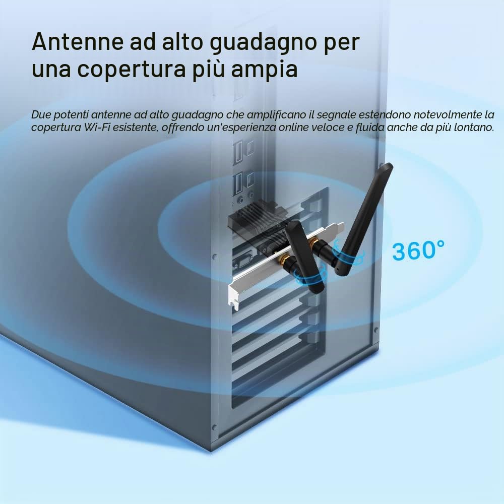 TP-Link Archer TX55E AX3000Mbps Bluetooth 5.2 Dual-Band WiFi 6 PCIe Card con due antenne, adattatore WiFi per dissipatore di calore specializzato per PC, 1024-QAM, latenza ultra bassa, supporta
