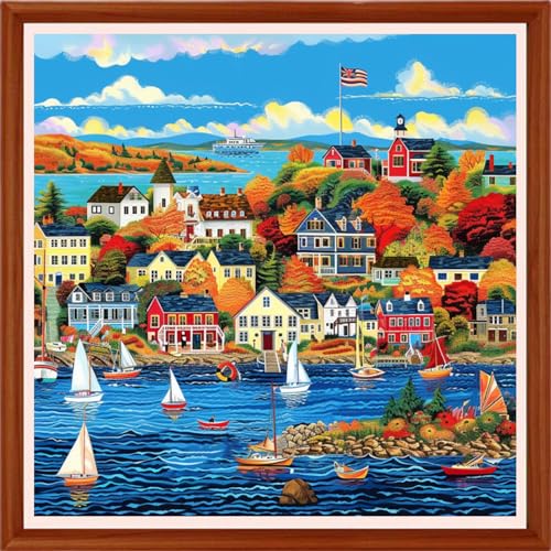 Image of Hopeart Stamped Cross Stitch Kits for Beginner Embroidery Kits for Beginners Adults DIY 11CT Cross Stitch Patterns Needlepoint Kits Crossstitching Kits-Seaside Scenic 18x18 inchs