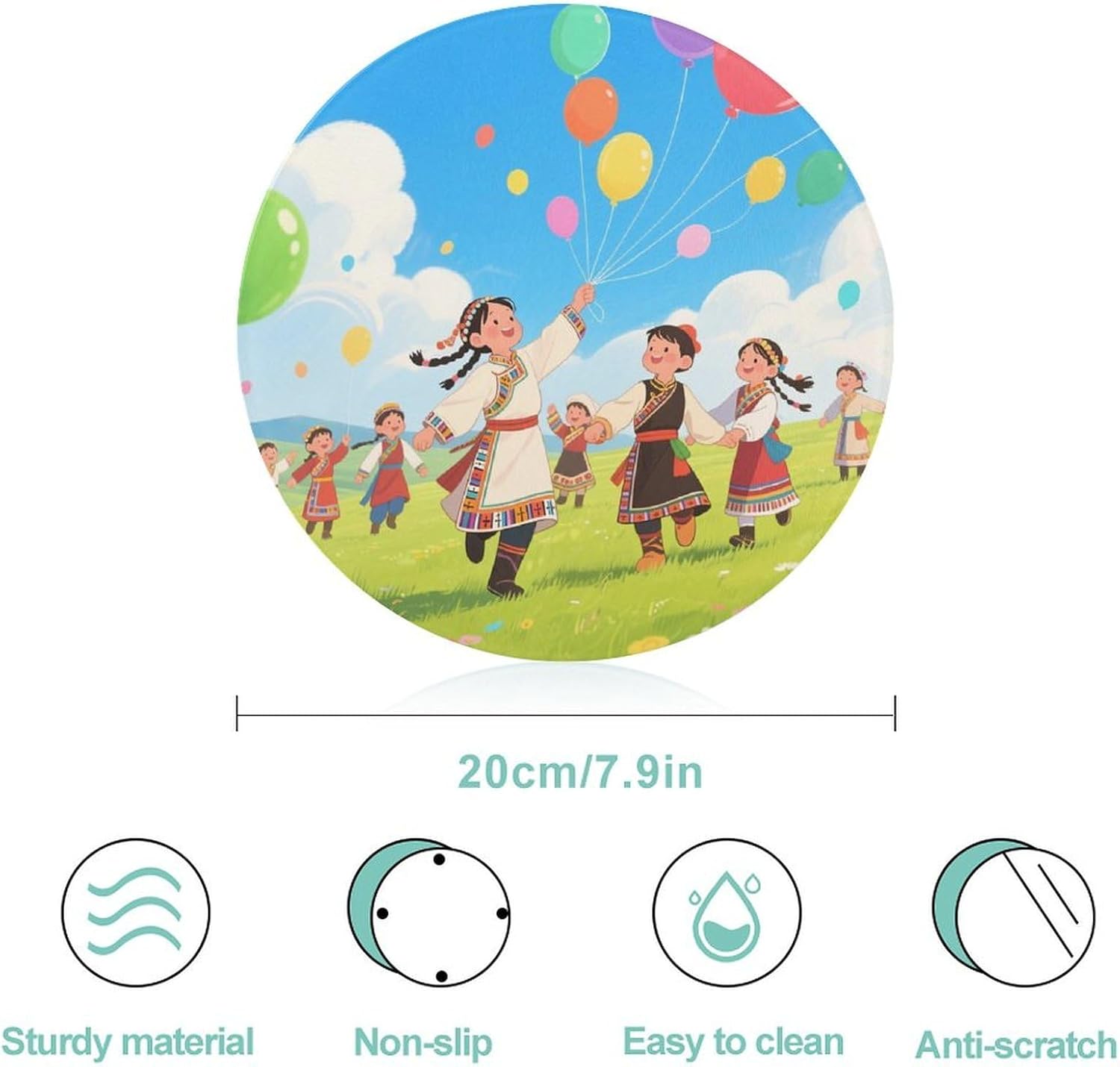 Kids Dancing on Grassland Tempered Glass Cutting Board Sturdy Chopping Block Personalized Large Butcher Block Lightweight Round Chopping Mat for Kitchen Non Slip