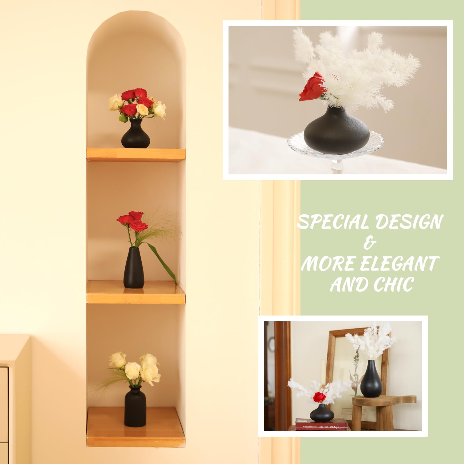 Kleine schwarze Vasen Set von 8 – Mini-Keramik-Vasen für Blumen | Pampasgras, perfekt für Wohnzimmer, Tischdekoration, schwarze Vasen, Heimdekoration, Badezimmerdekoration