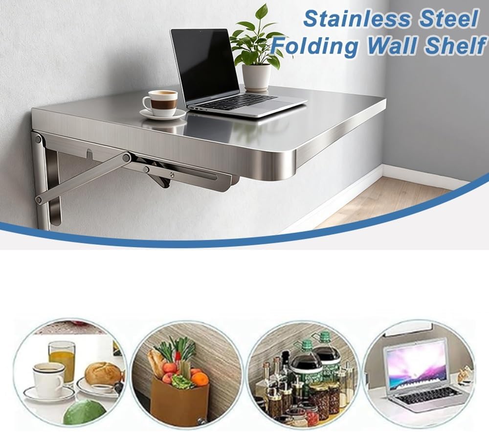 Concession Folding Shelf 24" 36" 48" Wall Mount Table Stainless Steel Floating Food Shelf Drop Down Shelving for Food Truck/Trailer/Prep(120x40cm/48x16in)