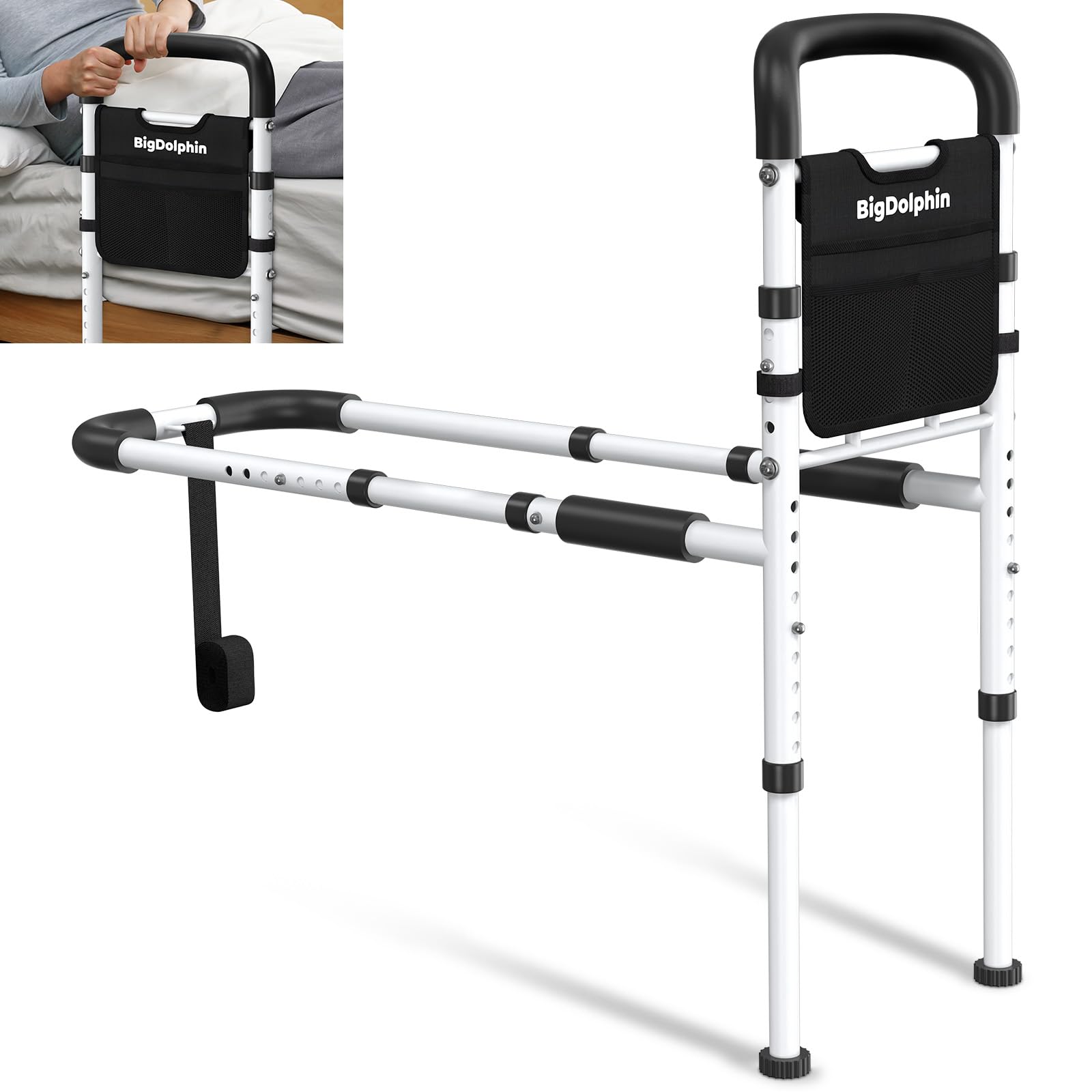 Photo 1 of BigDolphin Bed Rails for Elderly Adults Safety - ASTM Approved Adjustable Bed Cane Supports 350LBS with Non-Slip Grip & Storage Pocket, Stable Bed Assist Rails for Seniors, Tool-Free