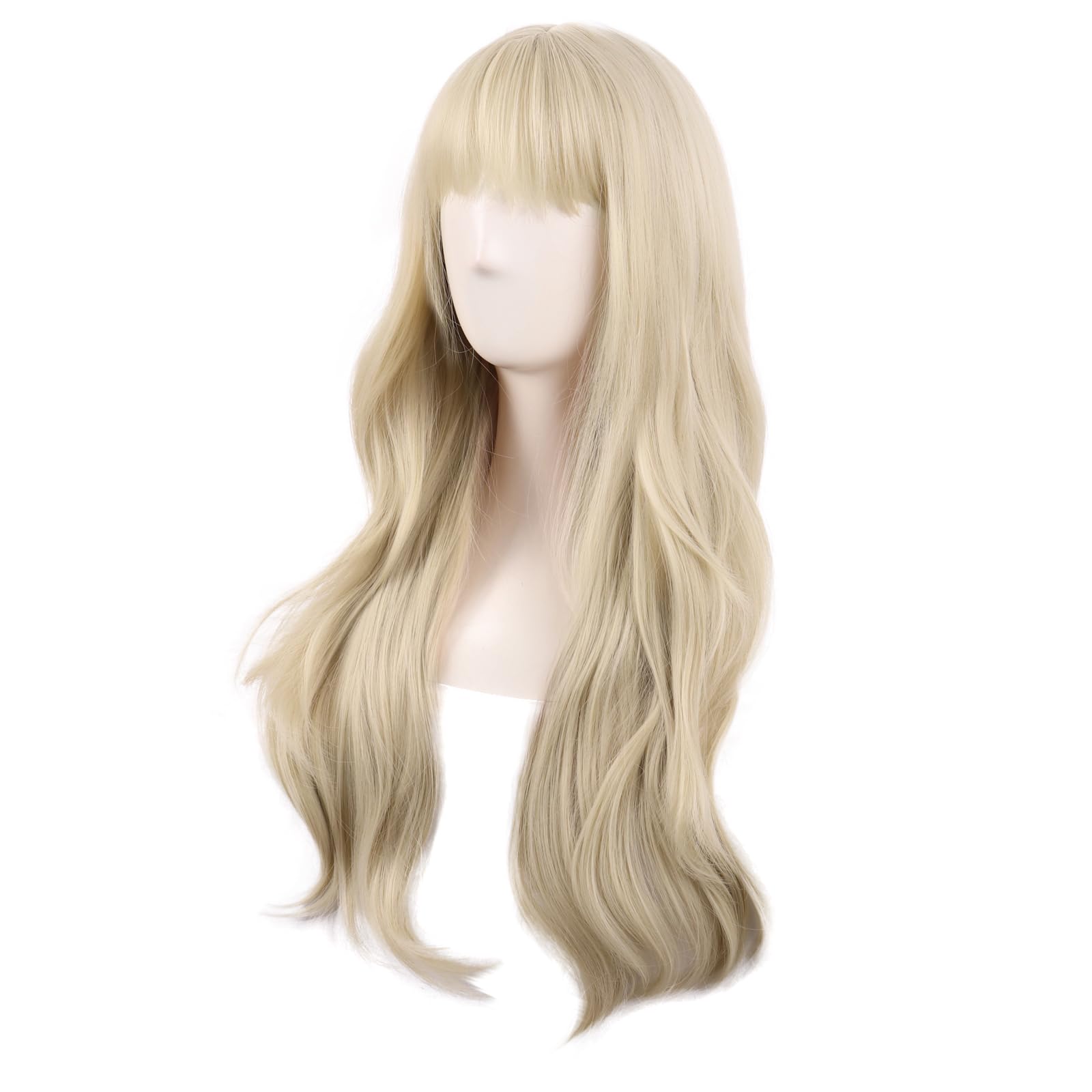 MapofBeauty 28 Inch/70 cm Long Curtain Bangs Synthetic Fiber Wavy Curly Heat Resistant Cosplay Party Wig (Blonde) - Image 3