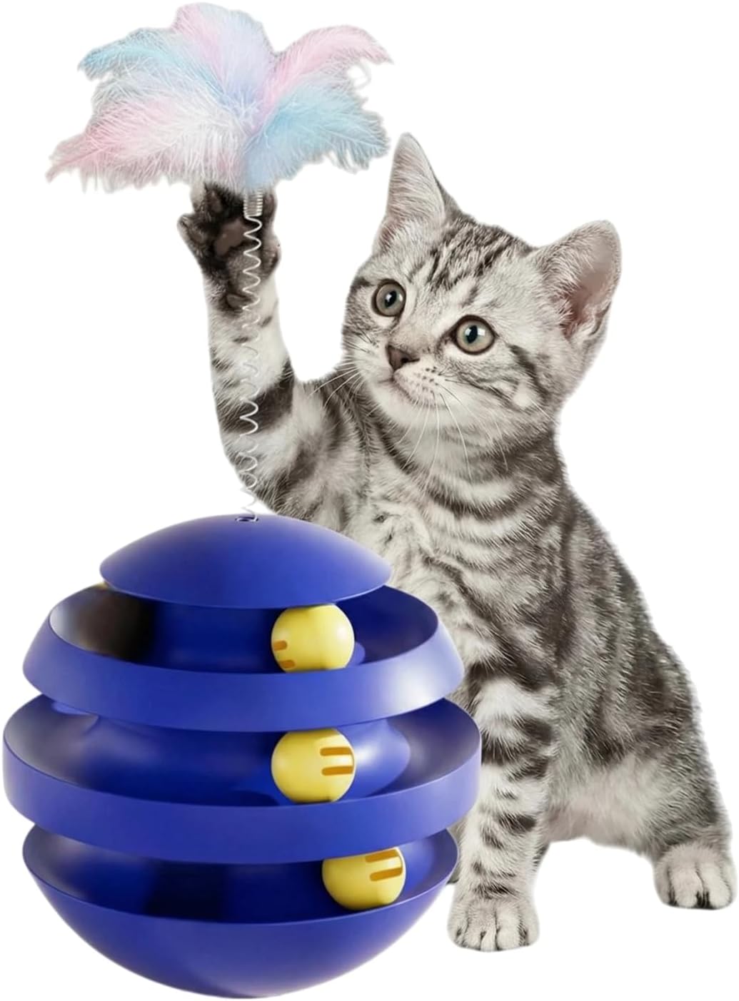 Interactive Cat Toy for Indoor Cats, 3-Layer Ball Track with Tumbler Base & Feather, Self-Play Kitten Toy to Reduce Boredom & Anxiety, Durable Pet Toy for Kittens and Adult Cats (Blue)