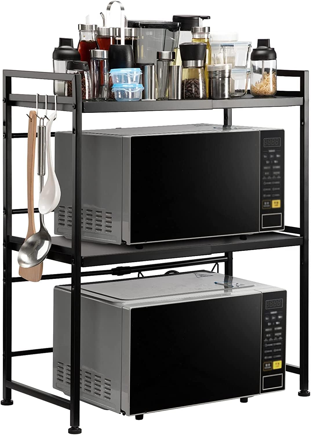 Luchs – Mikrowellen Ständer/Regal, Mikrowellenhalterung, Mikrowellenständer, Mikrowellen Ständer/Organizer mit 3 Haken, Microwave Holder/Rake grössenverstellbar (Schwarz, Gora 3 Ebenen)