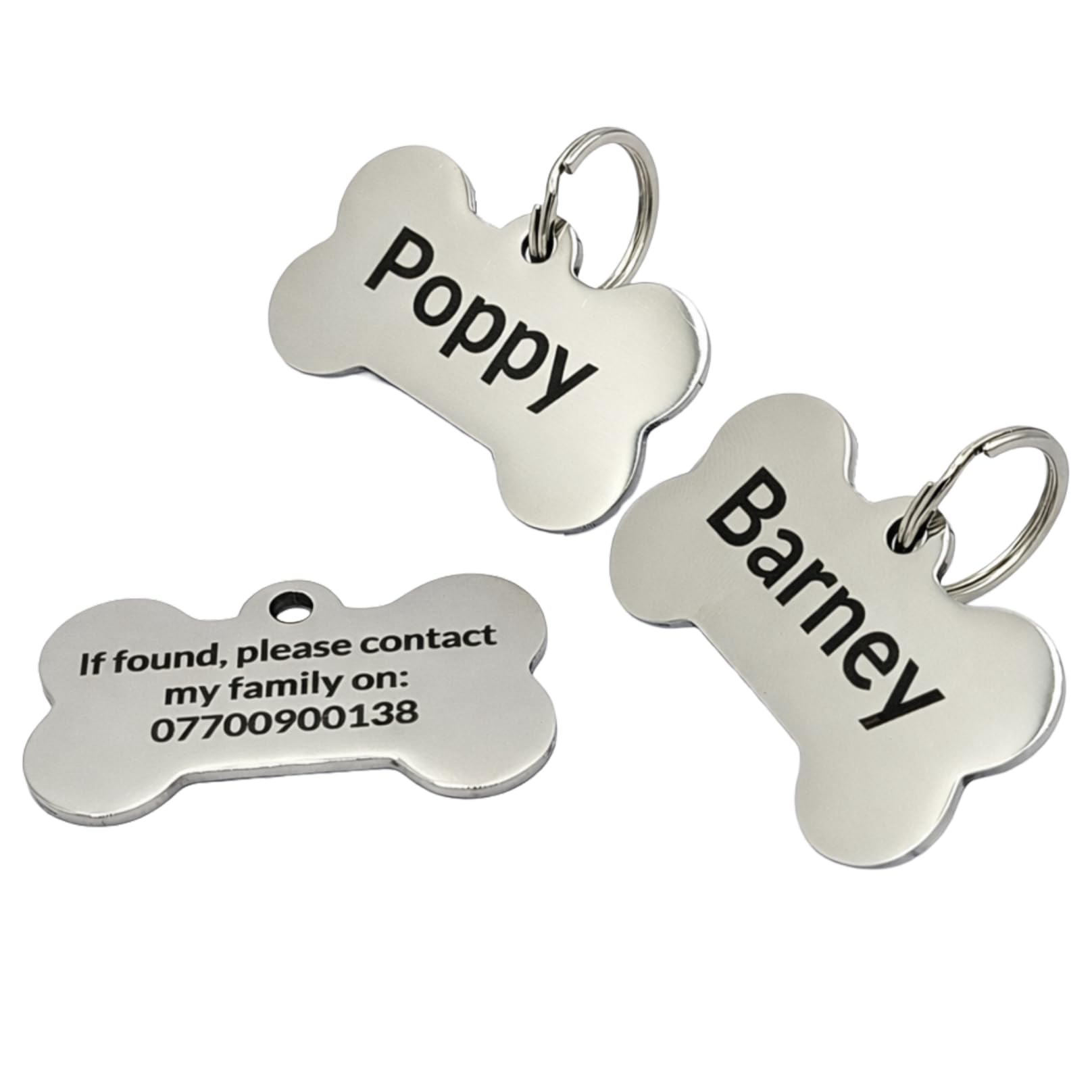 Personalised Stainless Steel Laser Engraved Bone Shaped Dog Tag with Split Ring, Double Sided, Available in 2 Sizes
