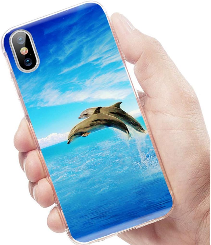 iPhone Xs Case Cute,iPhone X Case Cool,iPhone 10 Case,ChiChiC Slim Flexible Soft Rubber Silicone TPU Clear Case Cover with Design for Apple iPhone Xs X 10,Blue Sea Cute Animal Two Dolphin Jump