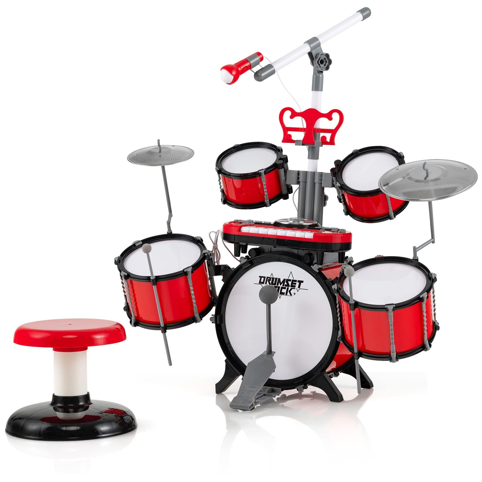 COSTWAY Zestaw perkusji dla dzieci, zestaw perkusyjny z mikrofonem, stojak na nuty, 8 klawiszy i zestaw DJ, wejście audio, instrument muzyczny dla dzieci powyżej 3 lat, czerwony