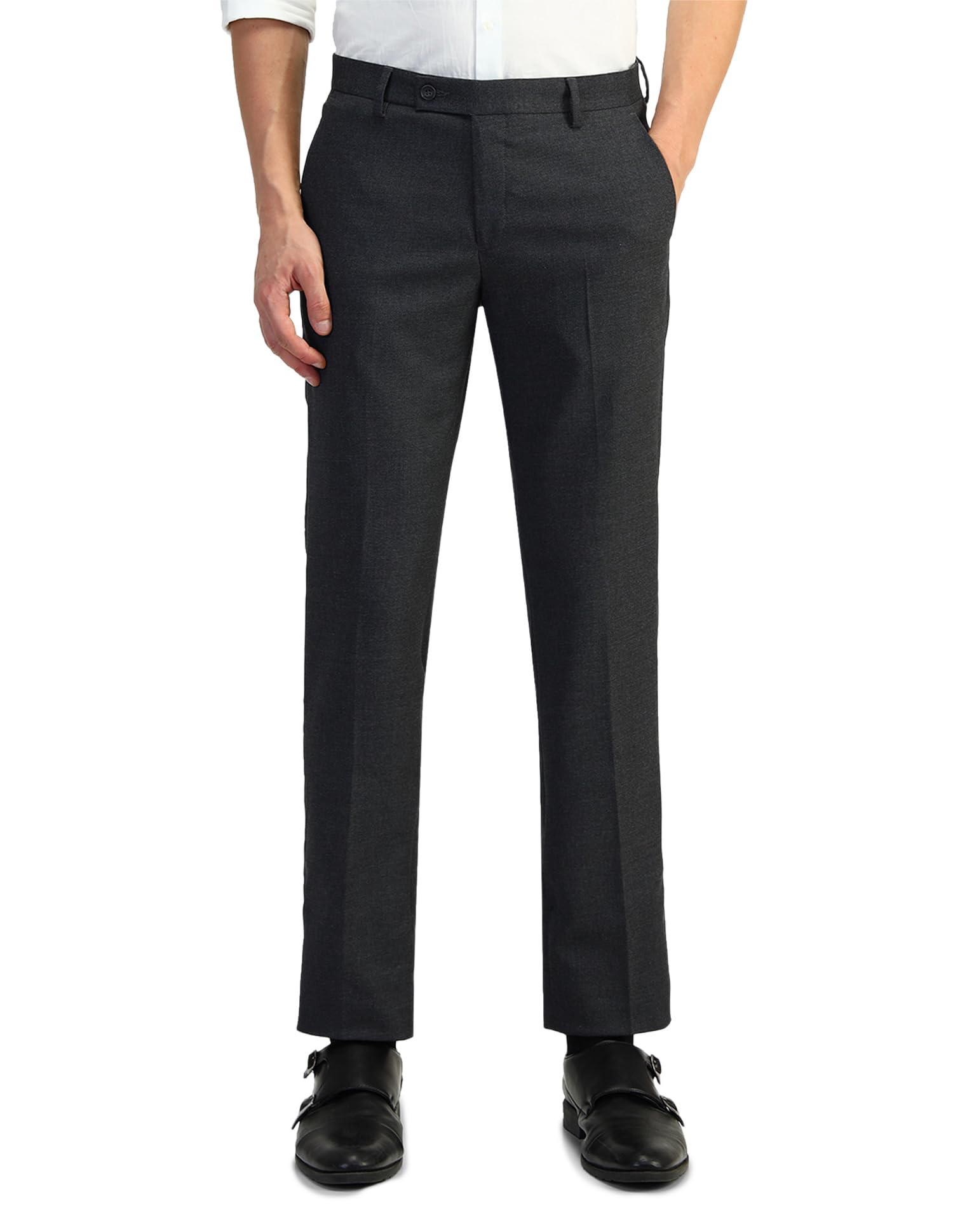 arrow Men's Grey Textured Mid Rise Polyester Button Tapered Fit Flat Front Slant Pocket Trousers-picture-10