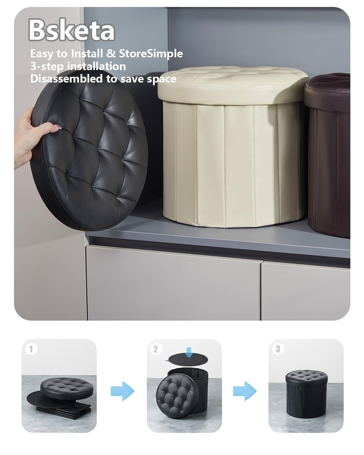 Pouf poggiapiedi rotondo in pelle, elegante tavolino imbottito