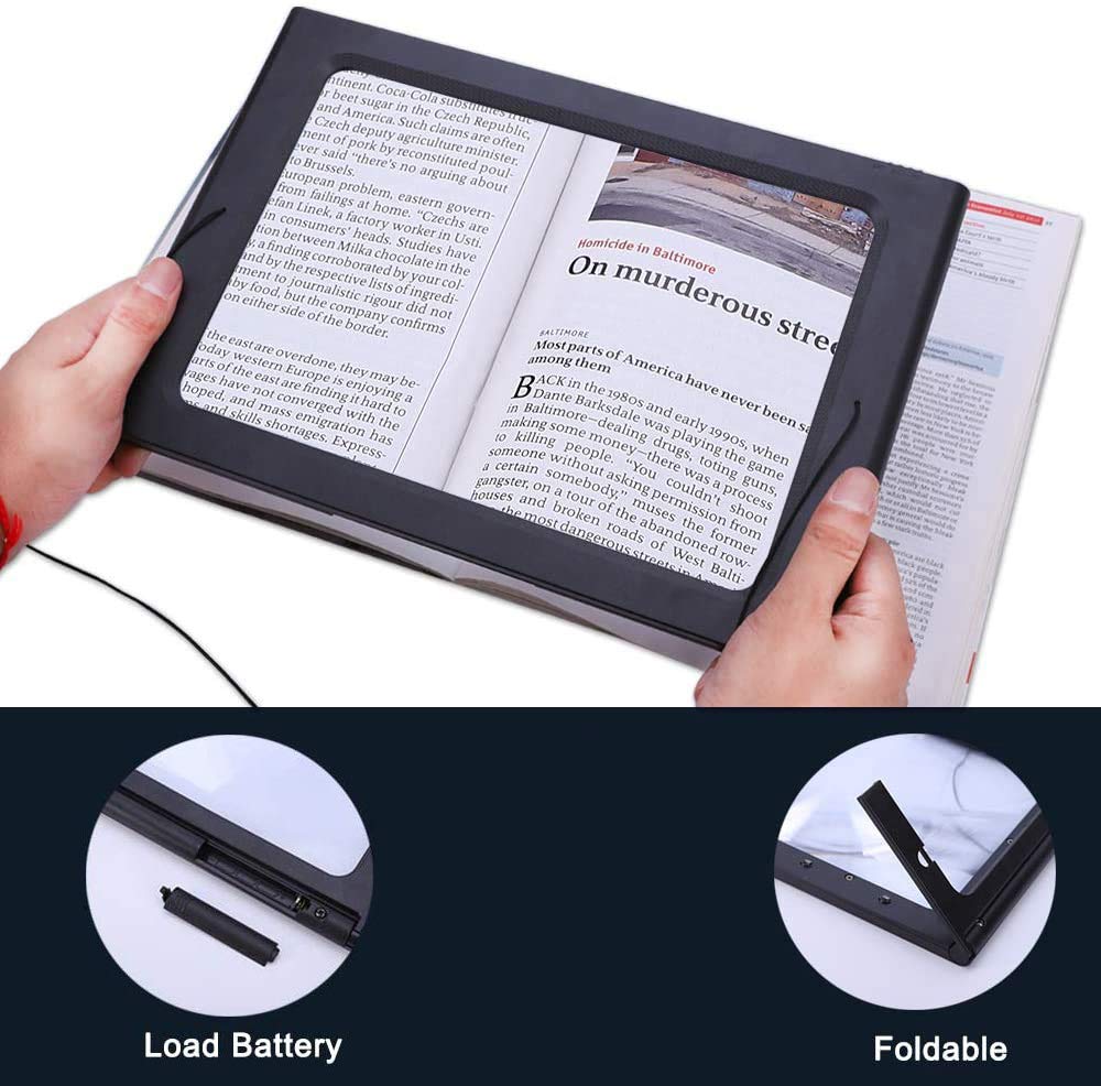 Lente d'ingrandimento completa 3X, A4, rettangolare, vivavoce, rettangolare, pieghevole, con lente d'ingrandimento a LED a 4 luci, aiuto per la lettura di libri con piccole stampe