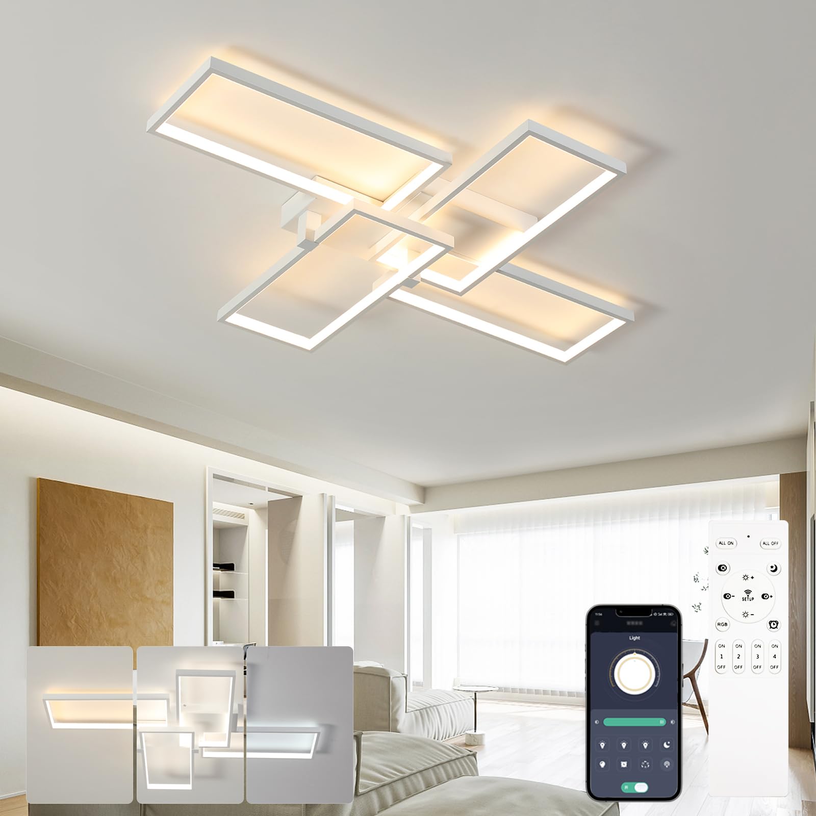 DJChen Led Ceiling Lights Dimmable, 35.4In Modern Chandeliers Ceiling Light, 74W, 3000K-6000K, 5920lm, No Flicker, Memory Function, Light Fixture Ceiling for Living/Sitting Room, Bedroom, Lounge-White
