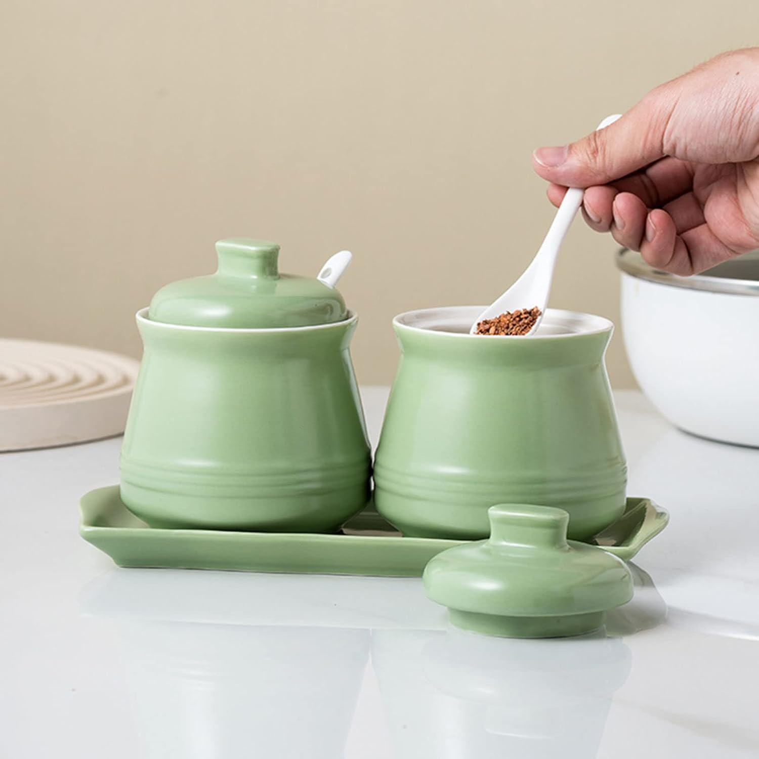 Un bol de sucre, un récipient de sucre Sucrier avec couvercle, pot à sel et à sucre, pot à assaisonnement, pot de stockage de sucre, pot à sucre, récipient à sucre, pot à épices-vert-sucrier(Green)