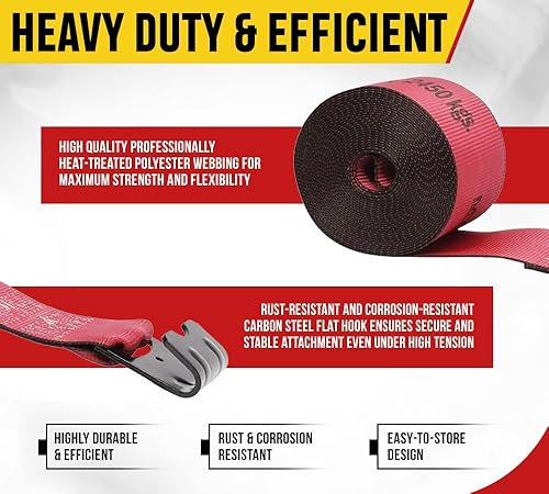 Miniatura 3 de Kinedyne - Correas de cabrestante de 4 x 30 pulgadas color rojo resistentes y con ganchos planos WLL 5400 libras control de carga de 4 pulgadas para