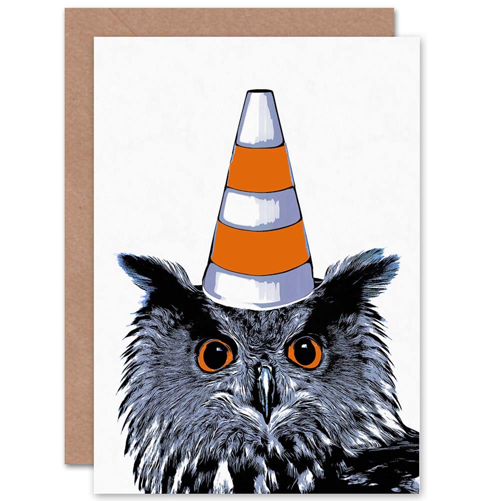 Wee Blue Coo CARD GREETING GIFT PAINTING OWL WEARING TRAFFIC CONE GLASGOW STYLE