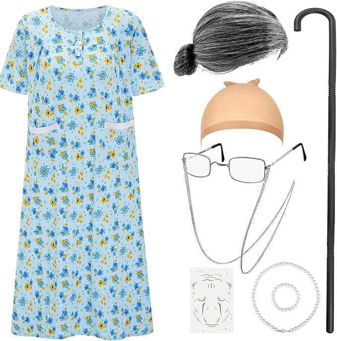 Costumes de vieille femme enfants panoplie grand-mère pour fête du 100e jour d'école et kermesse