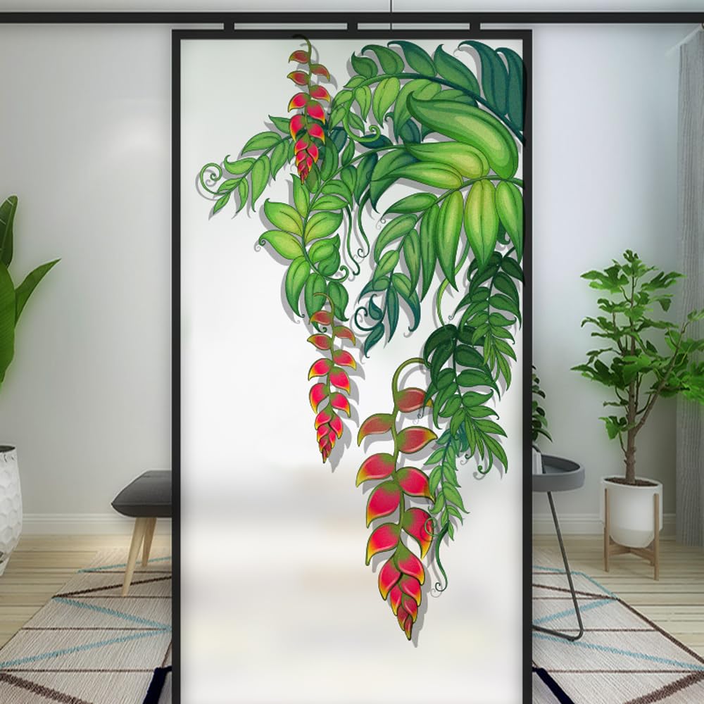 Plants Flowers Window Privacy Film Stained Glass Static Cling Window Treatments Window Coverings Glass Sticker Decorative Film for Siding Glass Door Home Decor 19.7"x35.4"(50x90cm)