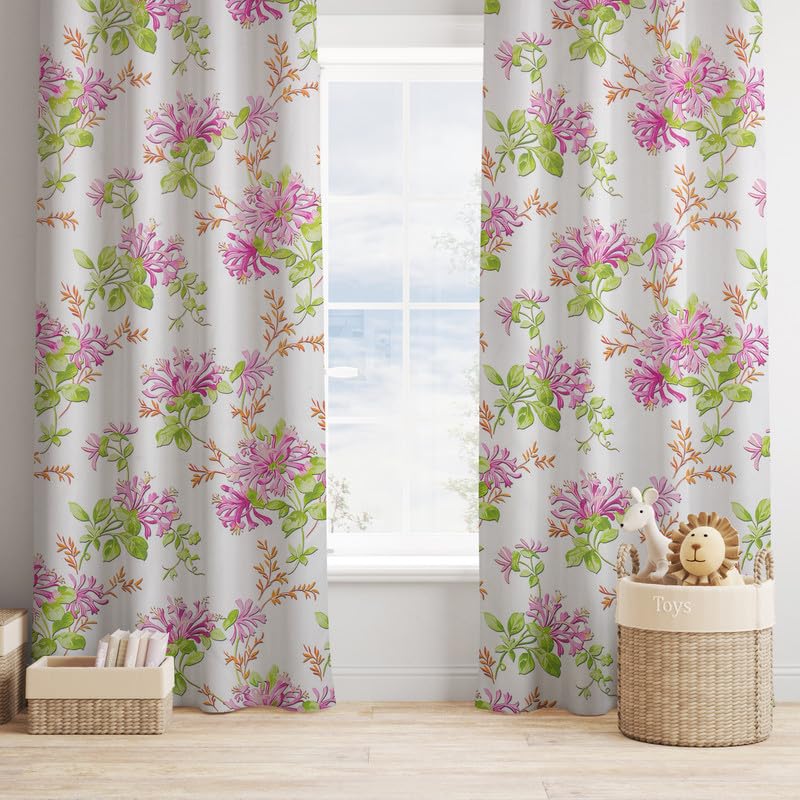 Image of Blackout Door Curtains 7 Feet Long Set of 1 with Tie Back, Parda 7 feet Long, Printed Curtain for Living Room, Bedroom, 80-85% Blackout, Perfect for Home (7 Feet, Bloom Pink, Green and White)
