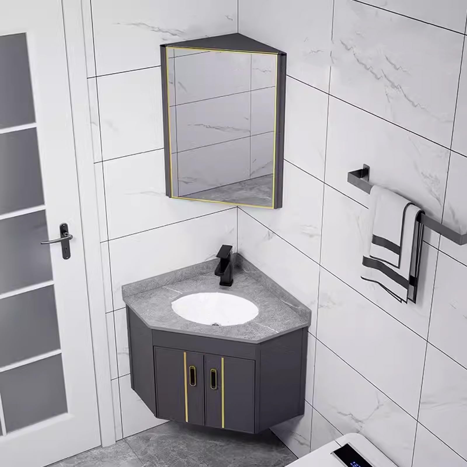 DFGHNBVC Wall Mounted Corner Vanity Set With Vessel Sink, Mirror Cabinet, And Rock Countertop For Bathroom, Laundry, Or Patio,Grey