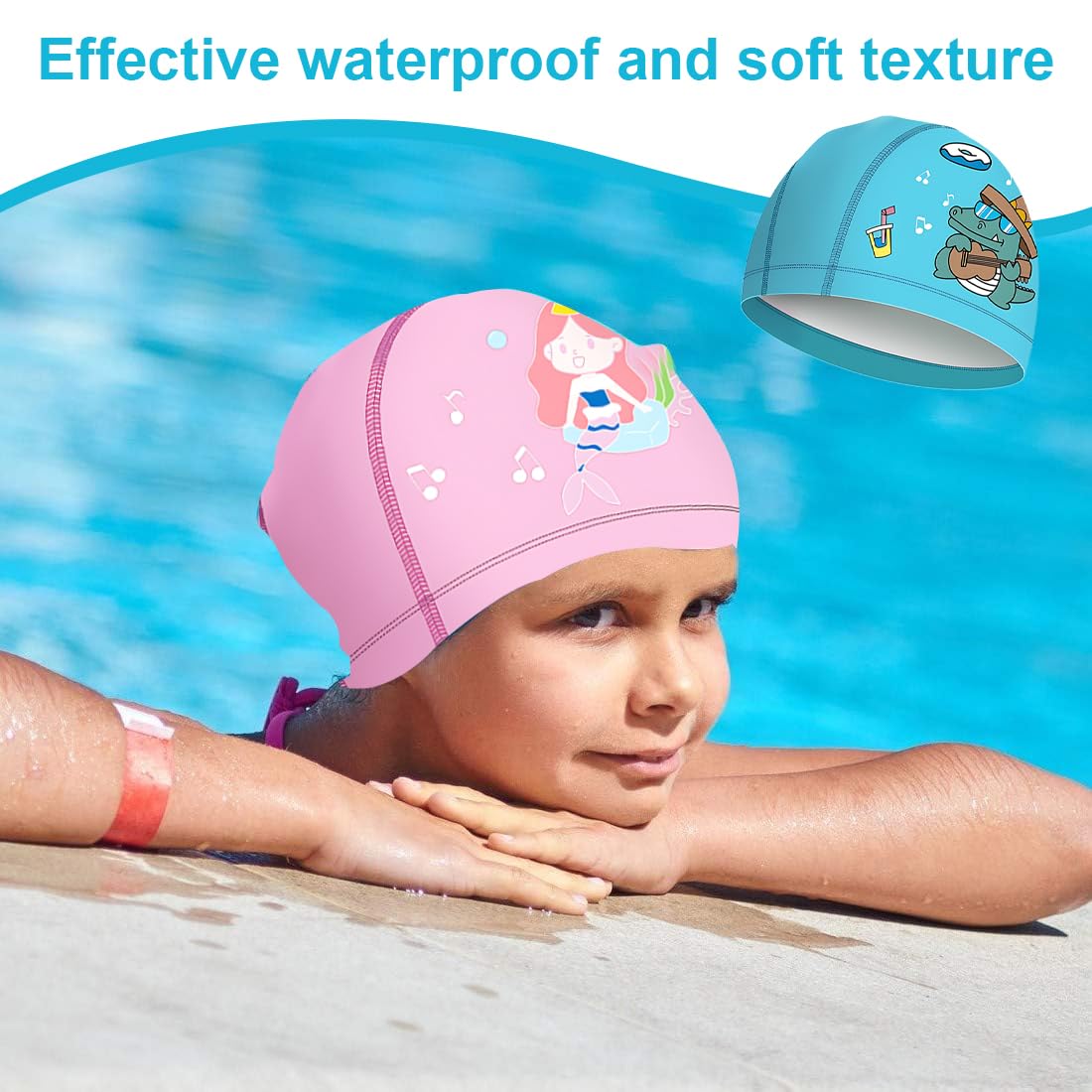 2 Cuffie Da Piscina Per Bambini In Silicone – Blu E Rosa, 4-12 Anni, Morbide, Impermeabili, Con Motivi Cartoon, Antiscivolo