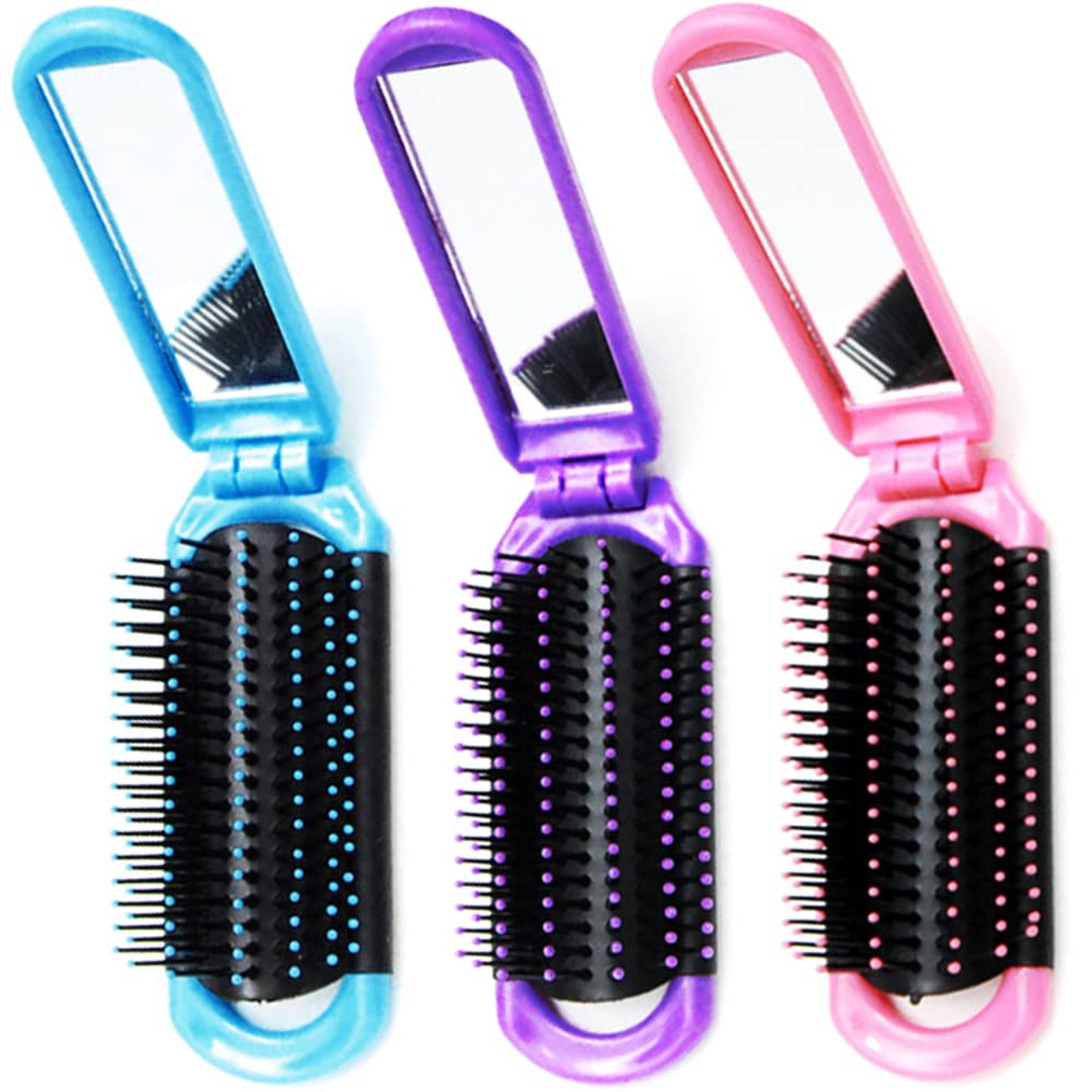 (3 Pack) Mini Folding Mirror Pretty Detangler Hair Brush Detangling Comb for Adults & Kids