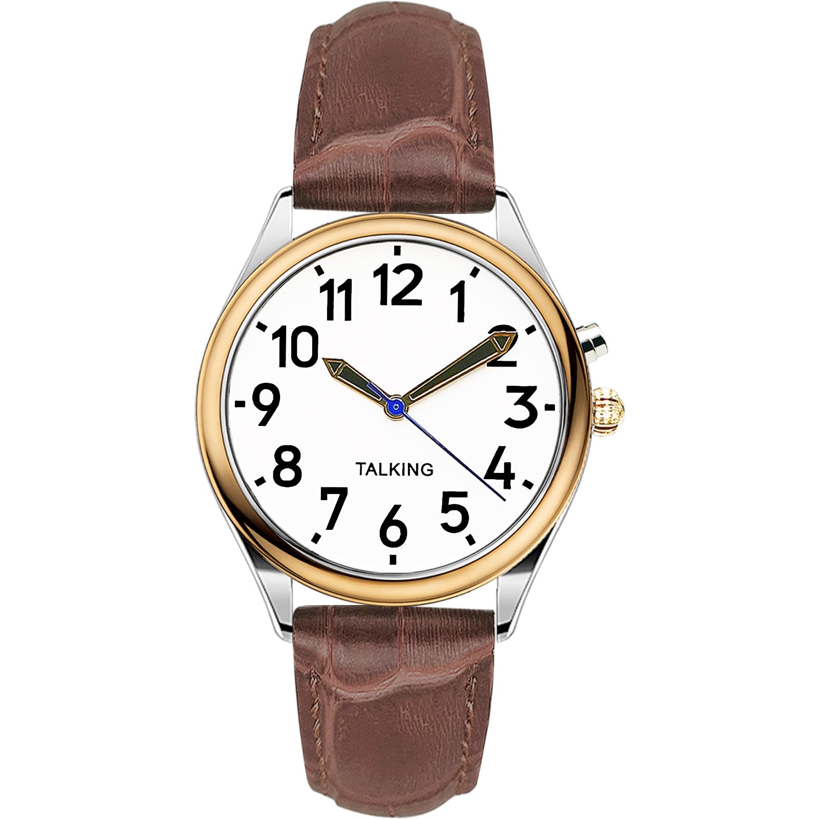 MAUJOY Women's British English Talking Watch(Brown Leather Watch Band) Large Display & Loud Sound, Announces Time, Date & Alarm, Ideal for Elderly, Visually Impaired or Blind Users