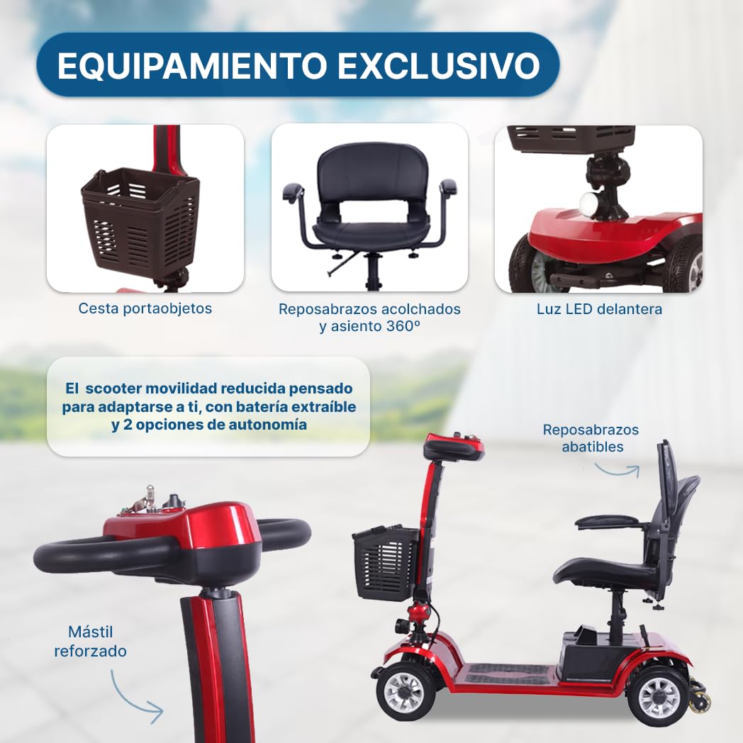 Scooter Movilidad Reducida Desmontable Para Ancianos 4 Ruedas Medidas Muy Reducidas Batería Extraíble Luces LED Resistente 120 Kg Dortomedical®