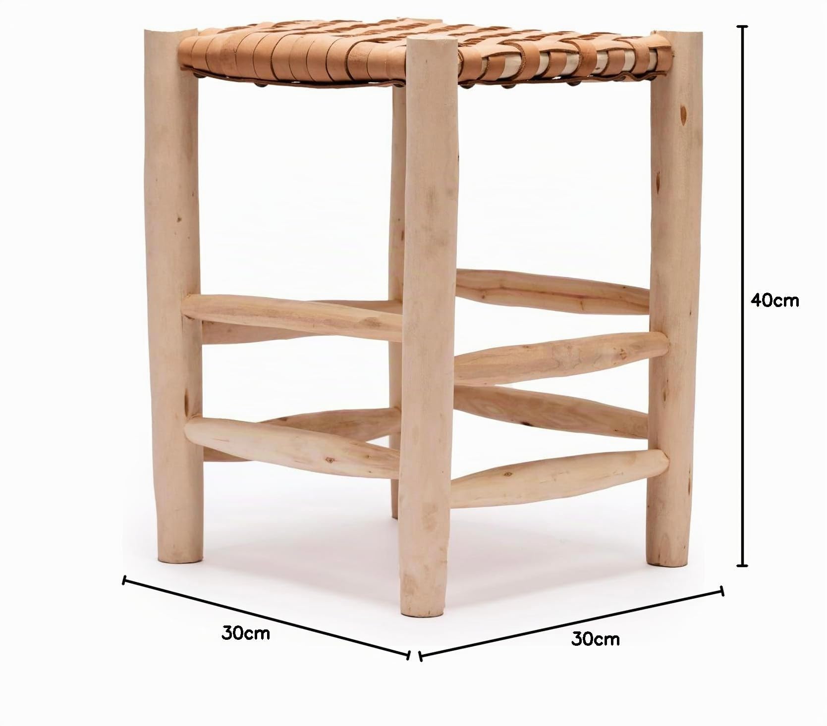 Taburete Marroquí con Asiento de Cuero Trenzado, Madera Natural, 35x35x40 cm. Taburete de Madera, Artesanal.
