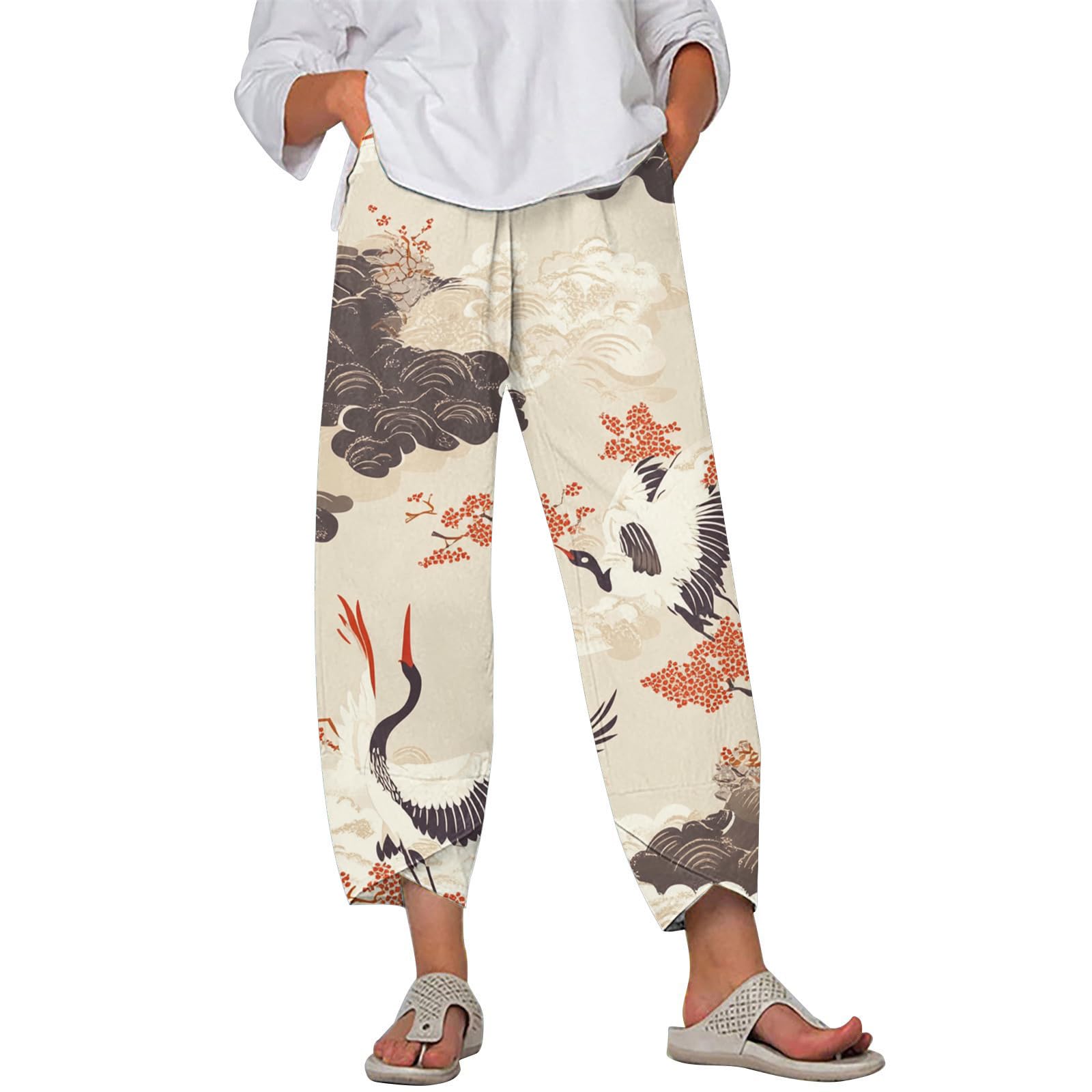 LOAIHA Japanese Pants Cotton Women Wide Leg Elastic Waist Capri Casual Y2k Pant Cropped Trousers with Pockets