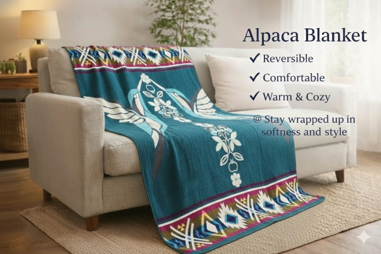 Alpaca Wool Blanket Queen 94x78 in | Ultra Soft, Non-Itchy & Breathable | Premium Alpaca Blanket | Warm, Hypoallergenic Natural Fiber (Turquoise Hummingbird, Queen (U.S. Standard))