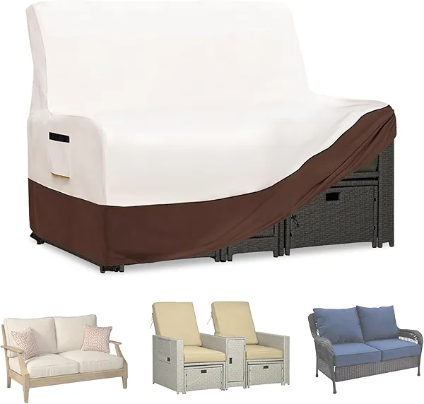 Exokugo Patio Wicker Loveseat Cover,600D Heavy Duty Waterproof Patio Sofa Cover,Double Reclining Patio Lounge Chair Cover for Lawn/Garden Patio Furniture,Beige&Brown